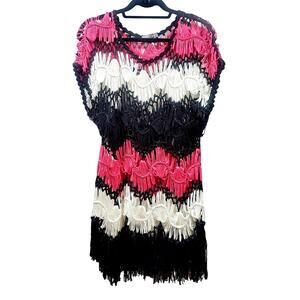 Roz & Ali Crochet Overlay Top, Size Small/Medium, Pink, Black & White, Sleeveles